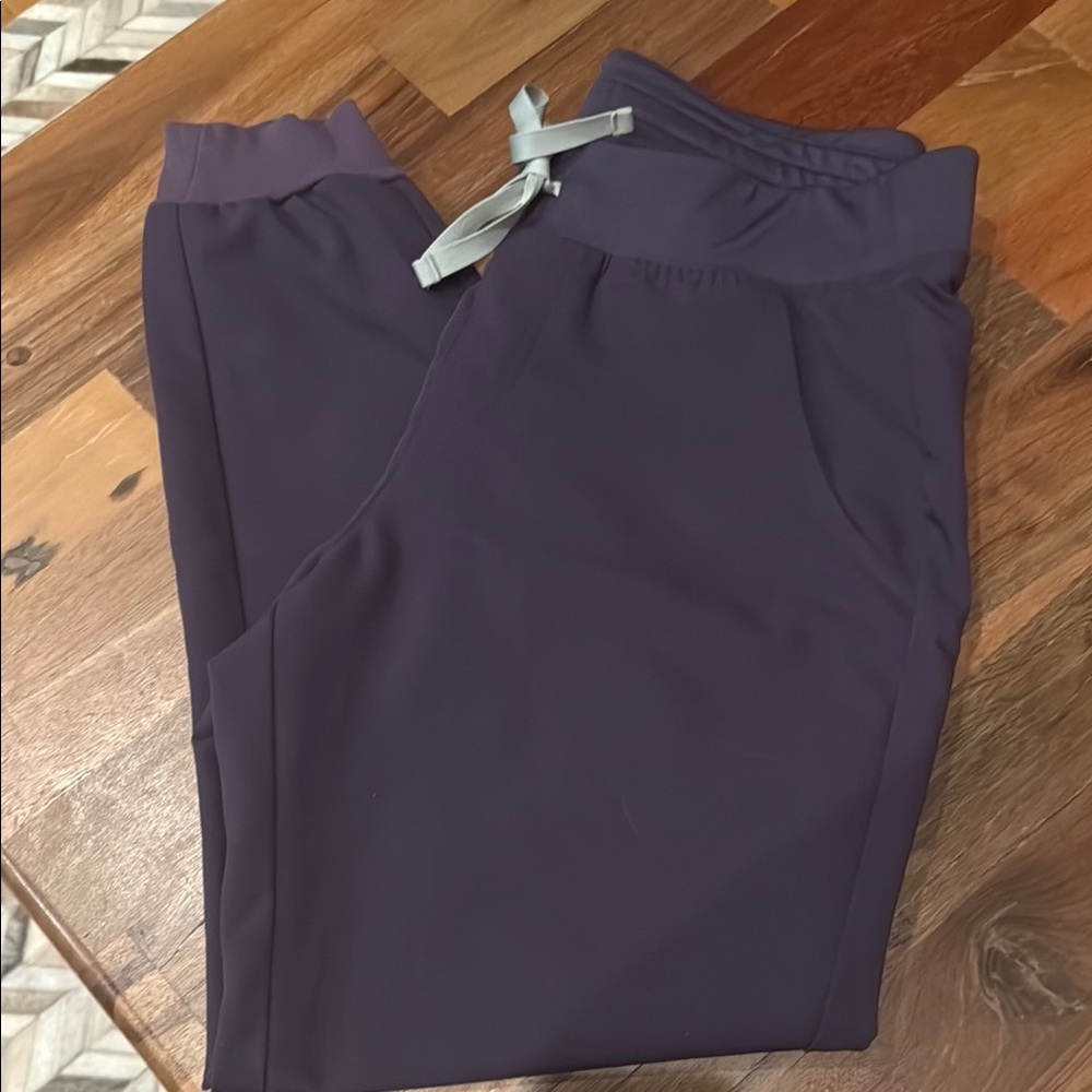 Figs Zamora Deep Purple Jogger scrub pants with Light Gray Drawstring